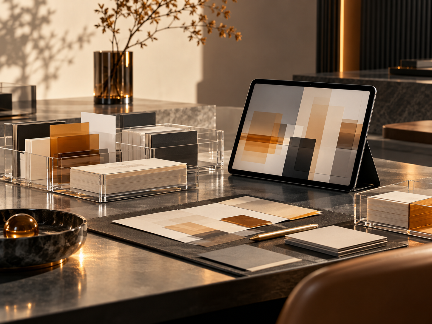 Layered information cards and a tablet in a refined modern workspace